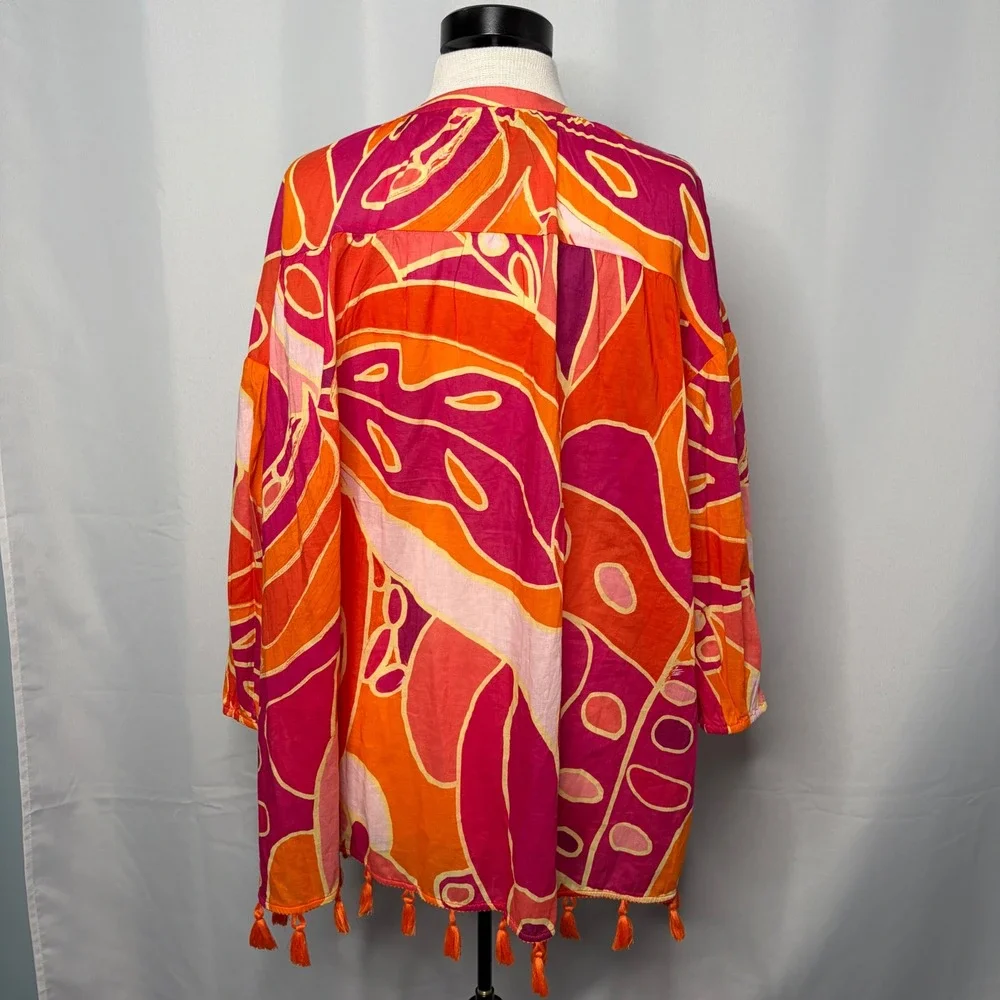 Christian Siriano New York Womens Orange Pink Abstract Cotton Tassel Tunic Top M